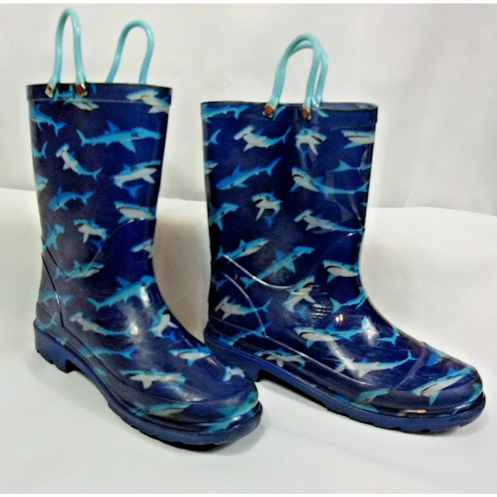 Boy's Shark Theme Rain Boots Size 5 Waterproof Durable Pullon Straps Skid Proof